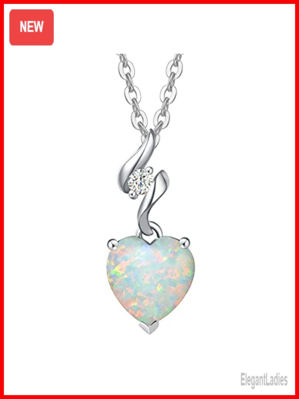 14K White Gold Heart Opal Pendant Necklace 925 Silver Chain Fine Jewelry